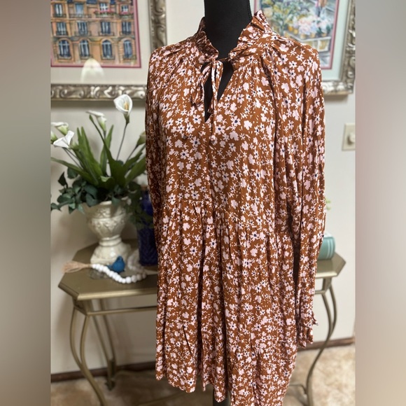 VICI COLLECTION BROWN & PINK FLORAL BOHO RUFFLE WESTERN PRARIE DRESS SZ S-L - Picture 1 of 10